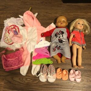 American girl wellie wishers Camille,baby clothes/shoes, unicorn onsie, hangers